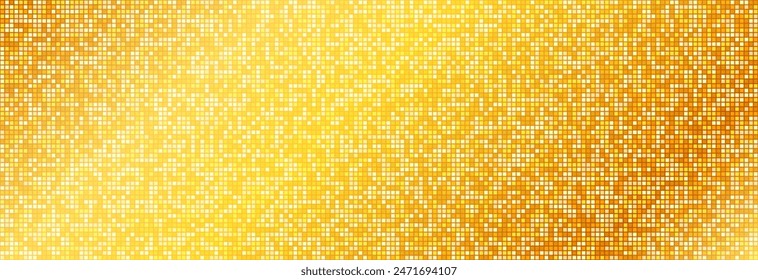 Golden disco party pattern. Yellow square sequin mosaic texture background. Abstract gold shining glitter halftone wallpaper. Sparkling glitter backdrop. Retro vector design template