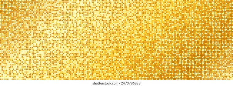 Golden disco party pattern. Yellow square sequin mosaic texture background. Abstract gold shining glitter halftone wallpaper. Pop up comic sparkling glitter backdrop. Retro vector design template