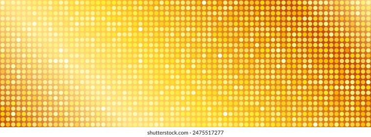 Golden disco party pattern. Yellow round sequin mosaic texture background. Abstract gold shining glitter halftone wallpaper. Sparkling glitter backdrop. Retro vector design template