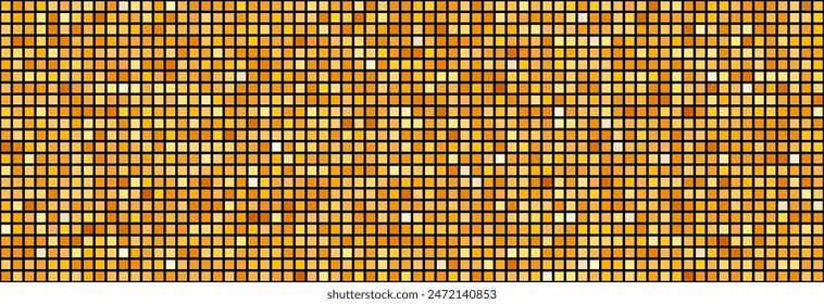 Golden disco party seamless pattern. Yellow square sequin mosaic texture background. Abstract shining gold halftone wallpaper. Pop up comic glitter sparkles backdrop. Retro vector design template