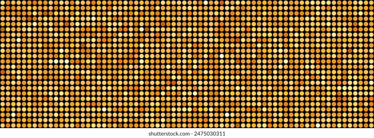 Golden disco party seamless pattern. Yellow circle sequin mosaic texture background. Abstract shining gold halftone wallpaper. Pop up comic glitter sparkles backdrop. Retro vector design template