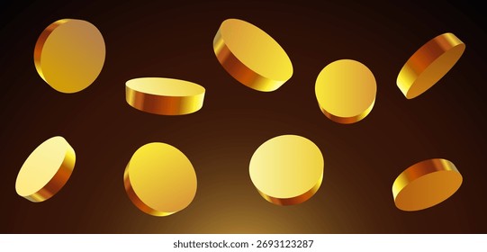 Discos de oro cayendo, simbolizando riqueza y éxito. Una representación vibrante del crecimiento financiero. Ilustración vectorial.