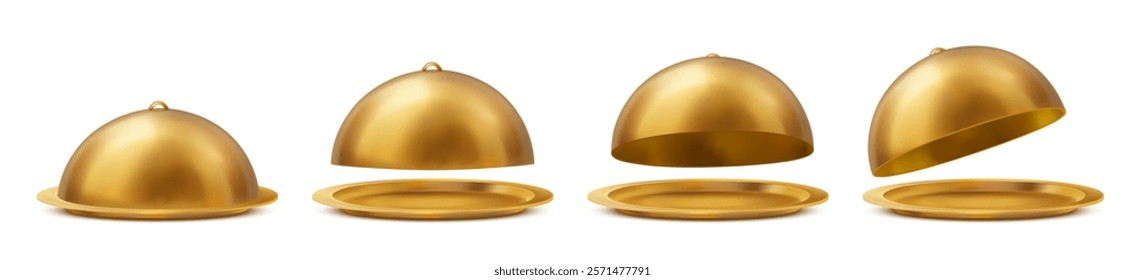 Golden dish tray opening animation, realistic 3d vector luxury restaurant dishware mockup with closed and open gold cloche lid. Cooking equipment, metal dome with platter for serving meals and foods