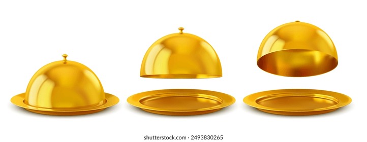 Golden dish trays set including a cloche and platter, shining with a luxurious metallic finish. Realistic 3d vector restaurant dishware for serving gourmet dishes, elegant dining and food presentation