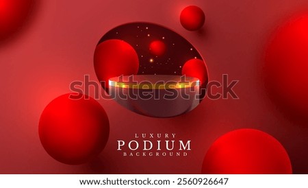 Golden display stand with red ball elements and glittering decorations. Elegant background for award ceremony or online advertising.