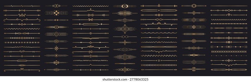 Golden divider border set with geometric flourishes and metallic filigree ornamental motifs on black background. Linear vector collection of vintage frames for decorative underlines.
