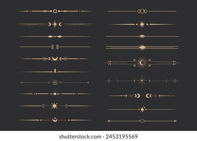 Golden divider celestial border with stars moon and sun thin line elegant simple decoration, mystic tarot separator, minimalist magic gold design element on dark background