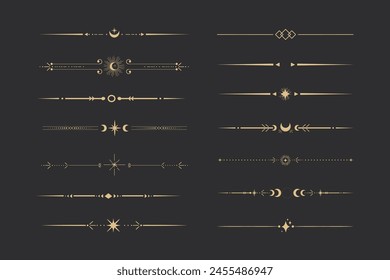 Golden divider celestial border with stars moon and sun thin line elegant simple decoration, mystic tarot separator, minimalist magic gold design element on dark background