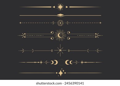 Golden divider celestial border with stars moon and sun thin line elegant simple decoration, mystic tarot separator, minimalist magic gold design element on dark background