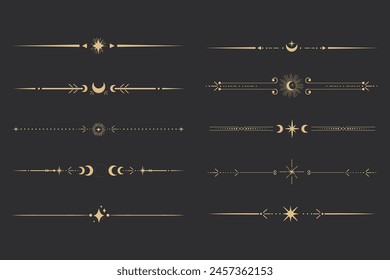 Golden divider celestial border with stars moon and sun thin line elegant simple decoration, mystic tarot separator, minimalist magic gold design element on dark background