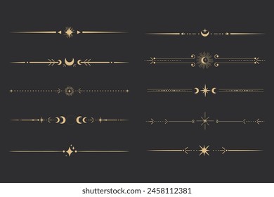 Golden divider celestial border with stars moon and sun thin line elegant simple decoration, mystic tarot separator, minimalist magic gold design element on dark background