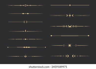 Golden divider celestial border with stars moon and sun thin line elegant simple decoration, mystic tarot separator, minimalist magic gold design element on dark background