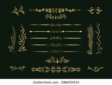 Golden dividers set. Ornamental decorative elements. Vector ornate elements design. Gold flourishes.Decorative calligraphic divider and border for vignette scrapbook ornament.