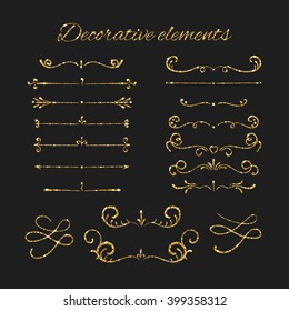 Golden dividers set. Ornamental decorative elements. Vector ornate elements design. Gold flourishes. Shiny decorative hand drawn borders with glitter effect. Calligraphic decorations with sparkles.