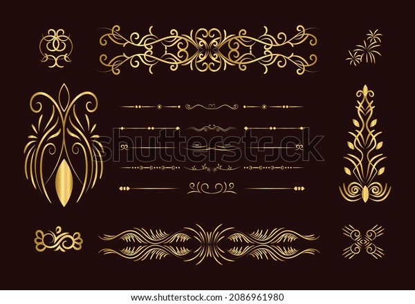 Golden\
dividers set. Ornamental decorative elements. Vector ornate\
elements design. Gold flourishes.Decorative calligraphic divider\
and border for vignette scrapbook\
ornament.