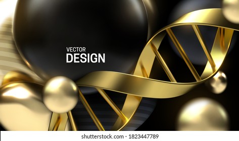 Golden DNA strand with black and gold particles. Vector 3d scientific illustration. Biotechnology or bio engineering concept. Genetic research sign.