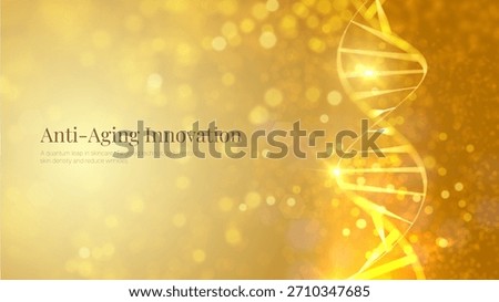 Golden DNA strand with collagen molecules glowing particles. Advanced skincare genetics biotechnology and anti-aging science concept. Luxury cosmetic medical research background.