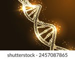 Golden DNA strand symbolizes futuristic genetic research and innovation on a dark brown background. Genetic engineering. Glowing low polygonal style. Abstract connection design vector illustration.