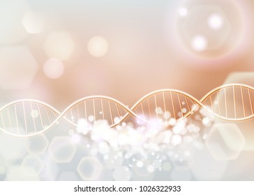 Golden DNA structure vector background. Beauty skin care luxury cosmetics concept. Molecular structure. 3D . Blurred bright bokeh background.  abstract backgroun