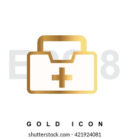 Golden doctors bag with cross, medical suitcase, medicine handbag. First aid kit premium icon graphic web design element or logo template. Vector royal luxury symbol for business, internet, web.