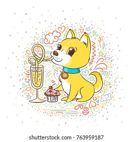 Golden dog with the champagne or lemonade and a cake. New Year symbol of 2018. Vector illustration on patterned background