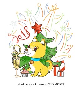 Golden dog with the champagne or lemonade and a cake. New Year symbol of 2018. Vector illustration on patterned background