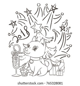 Golden dog with the champagne or lemonade and a cake. New Year symbol of 2018. Vector illustration on patterned background