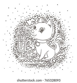 Golden dog with the champagne or lemonade and a cake. New Year symbol of 2018. Vector illustration on patterned background
