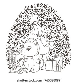 Golden dog with the champagne or lemonade and a cake. New Year symbol of 2018. Vector illustration on patterned background