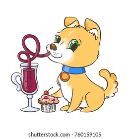 Golden dog with the cup of mulled wine and a cake. New Year symbol of 2018. Vector illustration