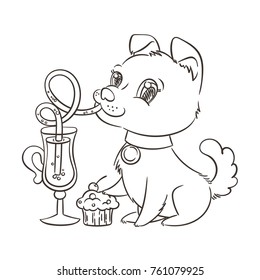 Golden dog with the cup of mulled wine and a cake. New Year symbol of 2018. Vector illustration