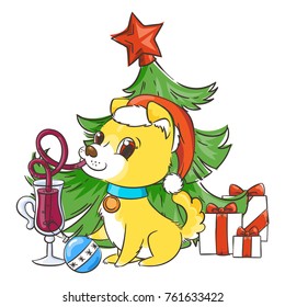 Golden dog with the cup of mulled wine and a cake. New Year symbol of 2018. Vector illustration