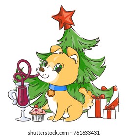 Golden dog with the cup of mulled wine and a cake. New Year symbol of 2018. Vector illustration