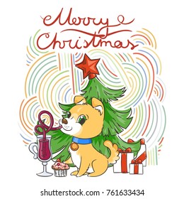Golden dog with the cup of mulled wine and a cake. New Year symbol of 2018. Vector illustration on patterned background
