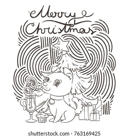 Golden dog with the cup of mulled wine and a cake. New Year symbol of 2018. Vector illustration on patterned background