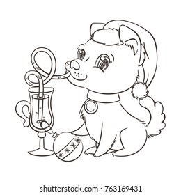Golden dog with the cup of mulled wine and a cake. New Year symbol of 2018. Vector illustration