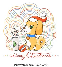 Golden dog drinks coffee or milk shake. Hand drawn vector illustration for New Year t-shirt, poster, postcard on patterned background
