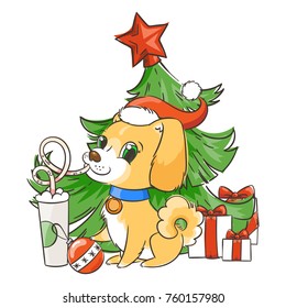 Golden dog drinks coffee or milk shake. Hand drawn vector illustration for New Year t-shirt, poster, postcard