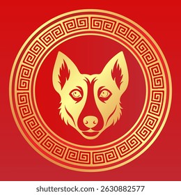 Golden Dog Head Illustration - Chinese New Year Symbol in Traditional Frame. Zodiac Animal on Red Background. Festive Design.
