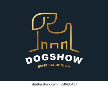 Golden dog logo - vector illustration, emblem design on dark background.