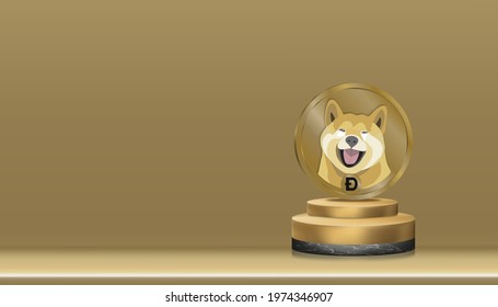 Golden DOGE coin digital cryptocurrency on Cylinder Stand on yellow gold floor and wall,Vector Minimal Podium Display with 3D Face of the Shiba Inu dog on coin,Symbol digital payment system blockchain