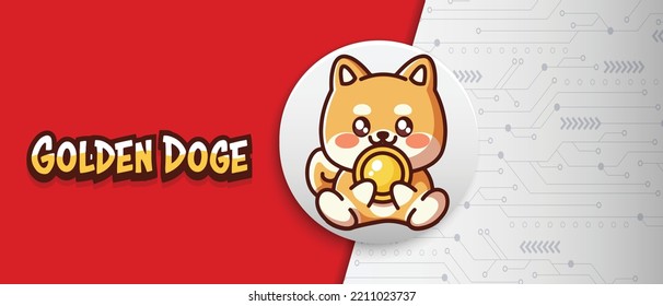 Golden Doge GDOGE meme coin cryptocurrency logo. Blockchain, cryptography and futuristic digital concept vector illustration banner.