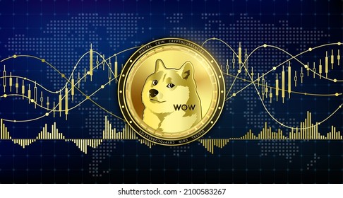 Golden dogecoin currency coin. Electronic crypto currency modern technology. Digital cryptocurrency block chain market token banner. On world map chart background. 3D Vector.