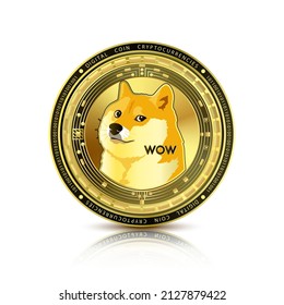 Golden Dogecoin currency coin. Electronic crypto currency technology. Digital cryptocurrency block chain market token. Realistic 3D vector. Isolated on white background. svg