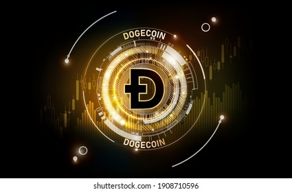 Moneda digital Dogecoin de oro, dinero digital futurista en gráfico financiero, Doge, concepto de fondo abstracto de tecnología Dogecoin, ilustración vectorial