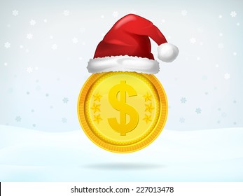 golden Dollar coin covered with Santa cap vector illustration