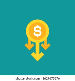 golden dollar coin and down arrows. Flat vector icon isolated on blue. Economy, finance, money symbol. Currency pictogram. Vector illustration. decrease, fall symbol.