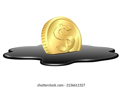 Golden dollar coin drawn in spilled puddle of crude oil. Oil industry crisis concept. Vector illustration isolated on white background