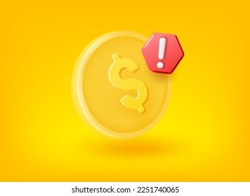 Golden dollar coin with exclamation point. Vector 3d illustration