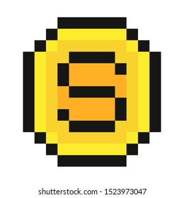 Golden dollar. Coin. Pixel art. Retro game style. Vector illustration.